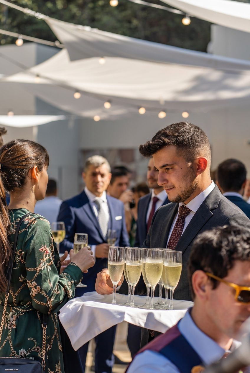 Invitados de boda brindando con copas de cava al sol bajo las velas blancas