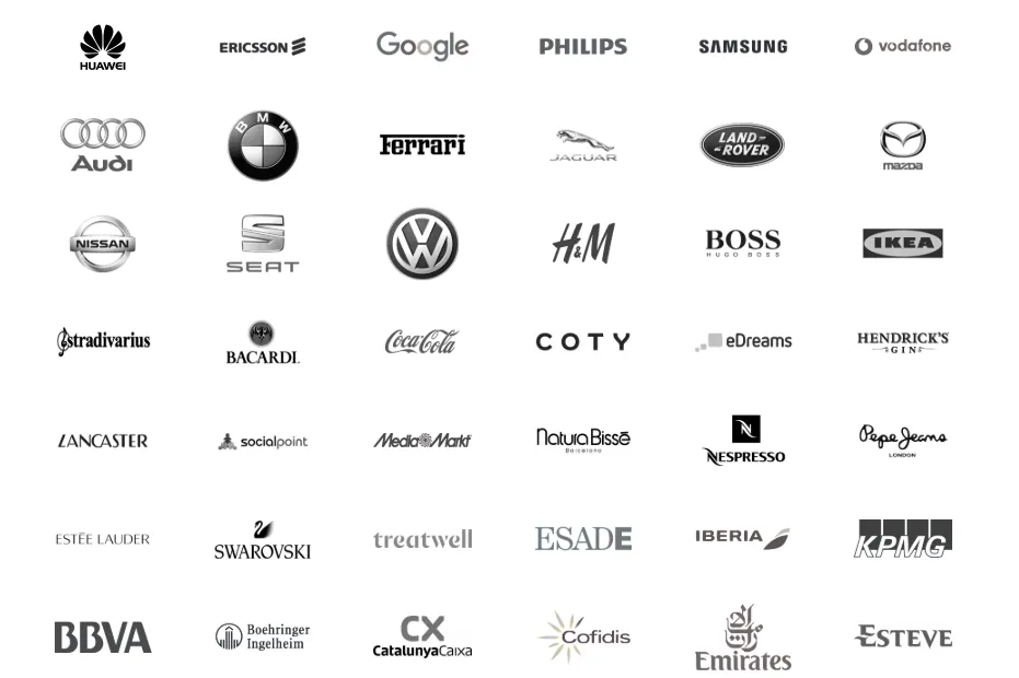 Logos de clientes: Huawei, Ericsson, Google, Philips, Samsung, Vodafone, Audi, BMW, Ferrari, Jaguar, Land Rover, Mazda, Nissan, Seat, Volkswagen, H&M, Hugo Boss, Ikea, Stradivarius, Bacardi, Coca-Cola, Coty, eDreams, Hendrick's Gin, Lancaster, Socialpoint, MediaMarkt, Natura Bissé, Nespresso, Pepe Jeans, Estée Lauder, Swarovski, Treatwell, Esade, Iberia, KPMG, BBVA, Boehringer Ingelheim, CatalunyaCaixa, Cofidis, Emirates, Esteve