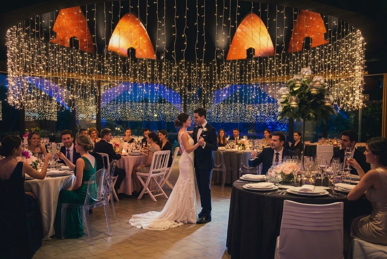 Novios bailando en el banquete bajo la cortina de luces