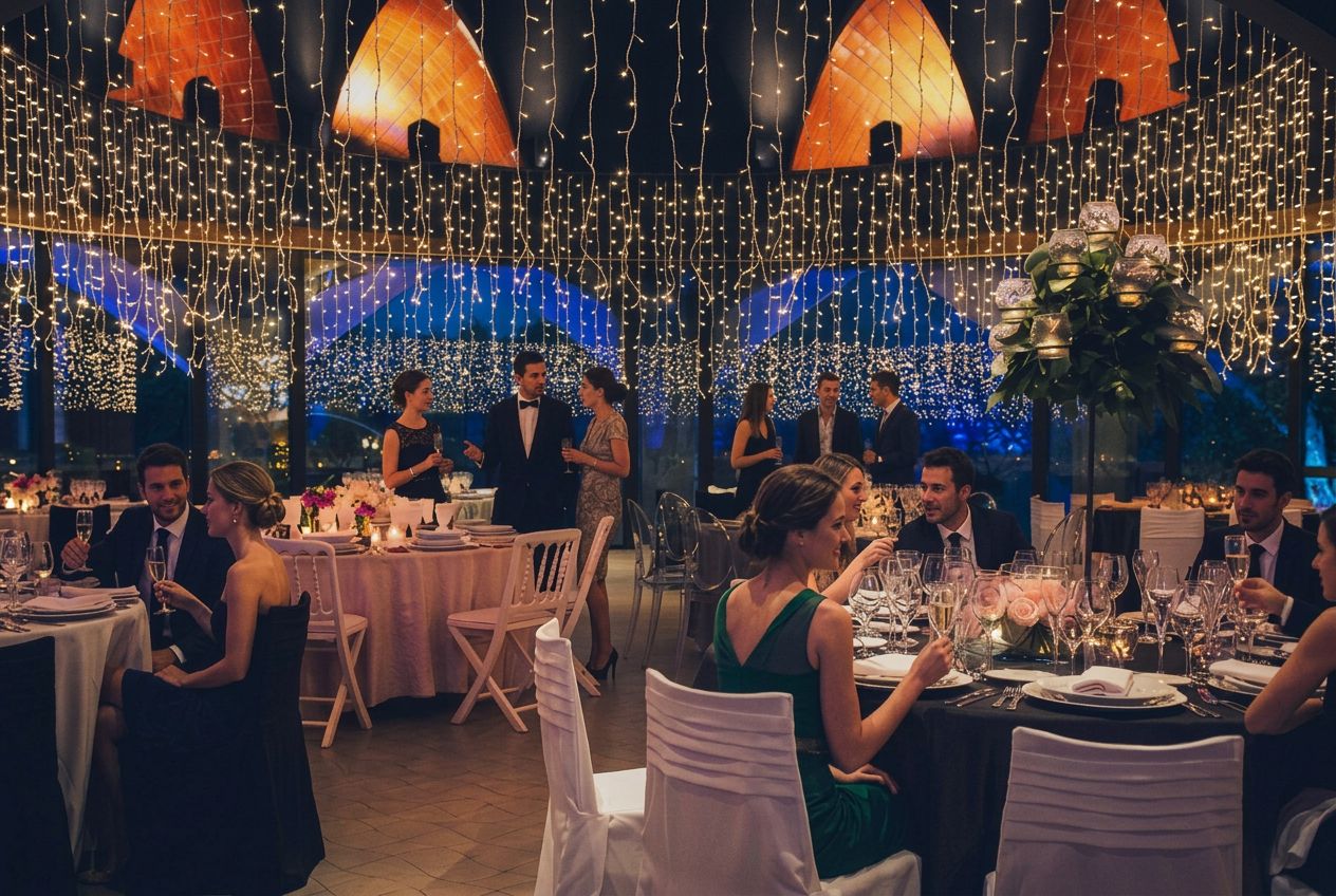 Banquete de boda con cortinas de luces sobre las mesas