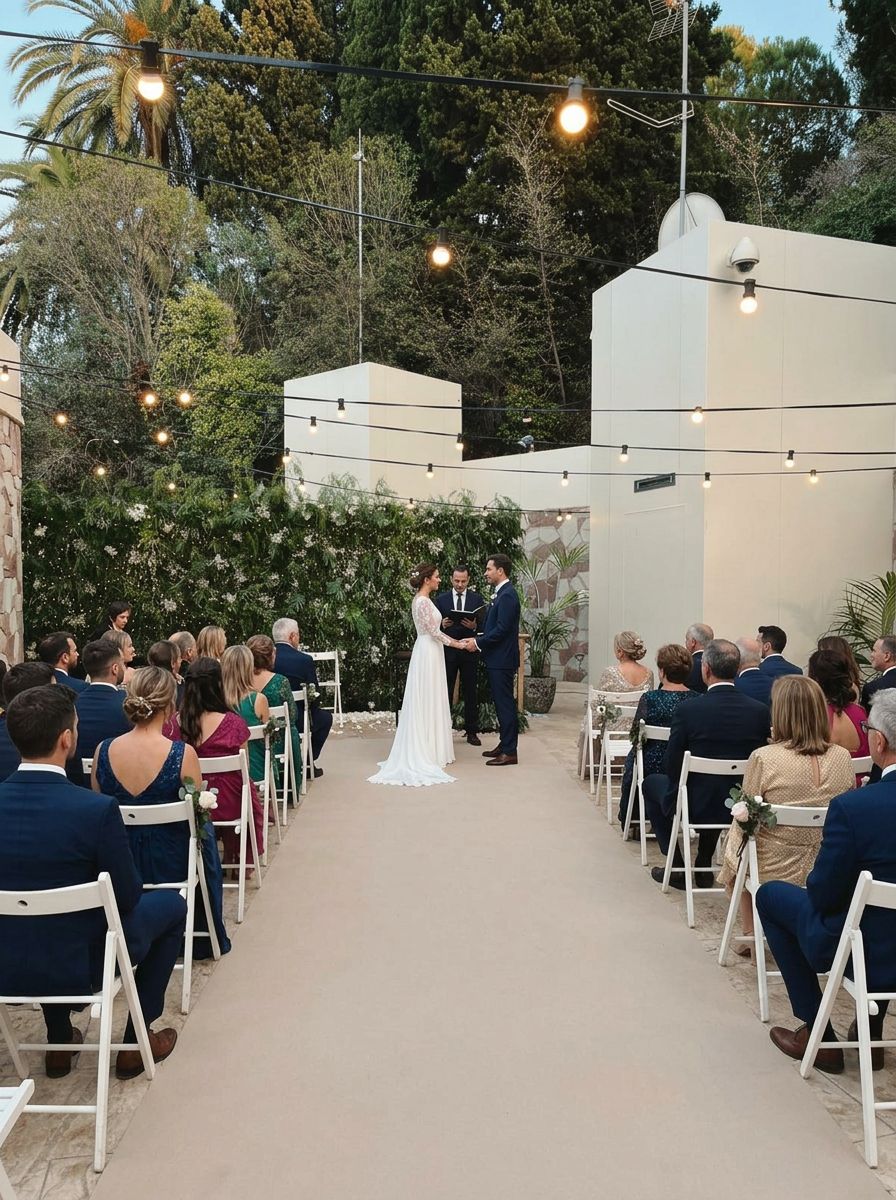 Novios intercambiando votos en la ceremonia al aire libre