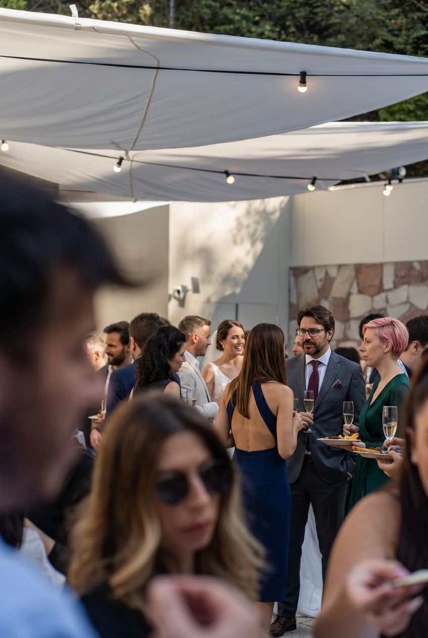 Novios brindando con sus invitados bajo las velas blancas