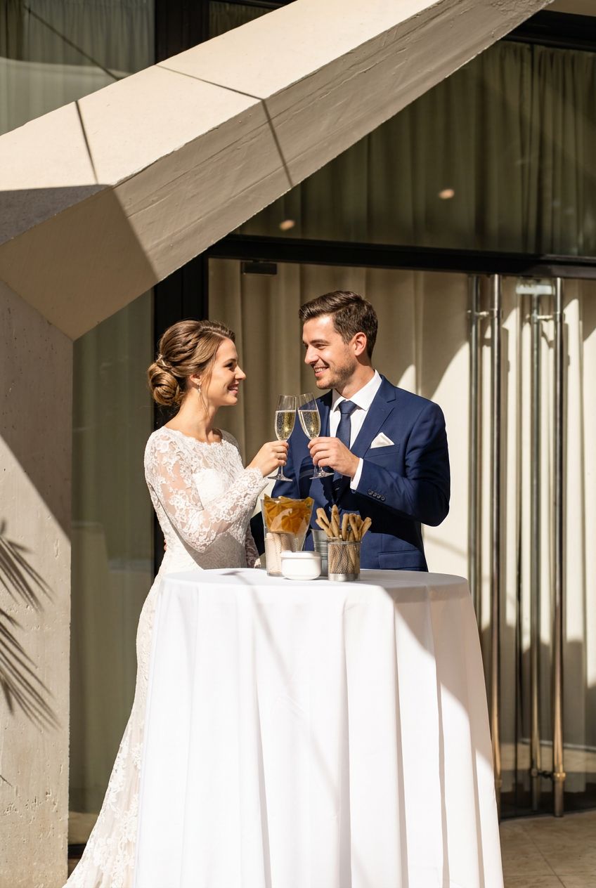 Novios brindando con cava junto a la mesa cóctel
