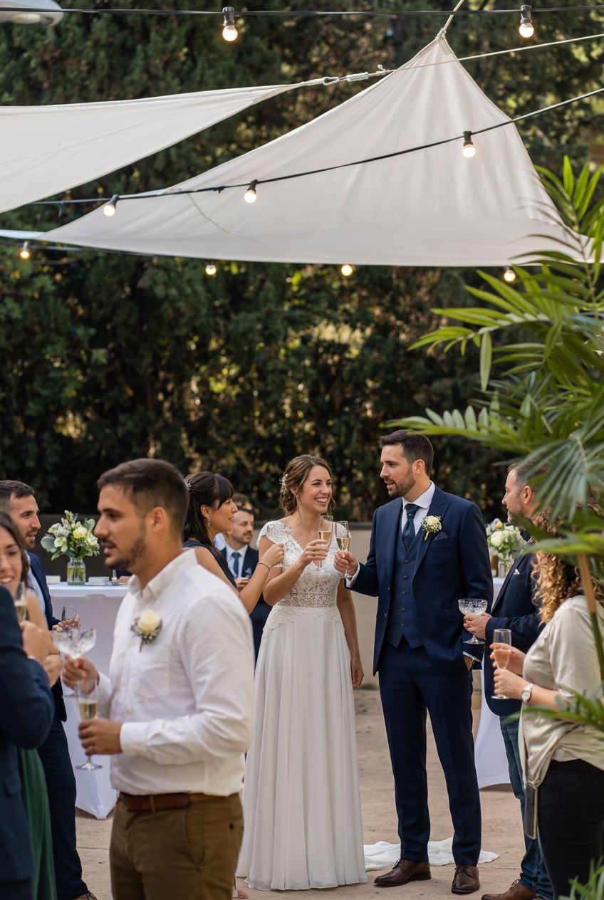 Novios brindando con cava entre los invitados bajo las velas blancas
